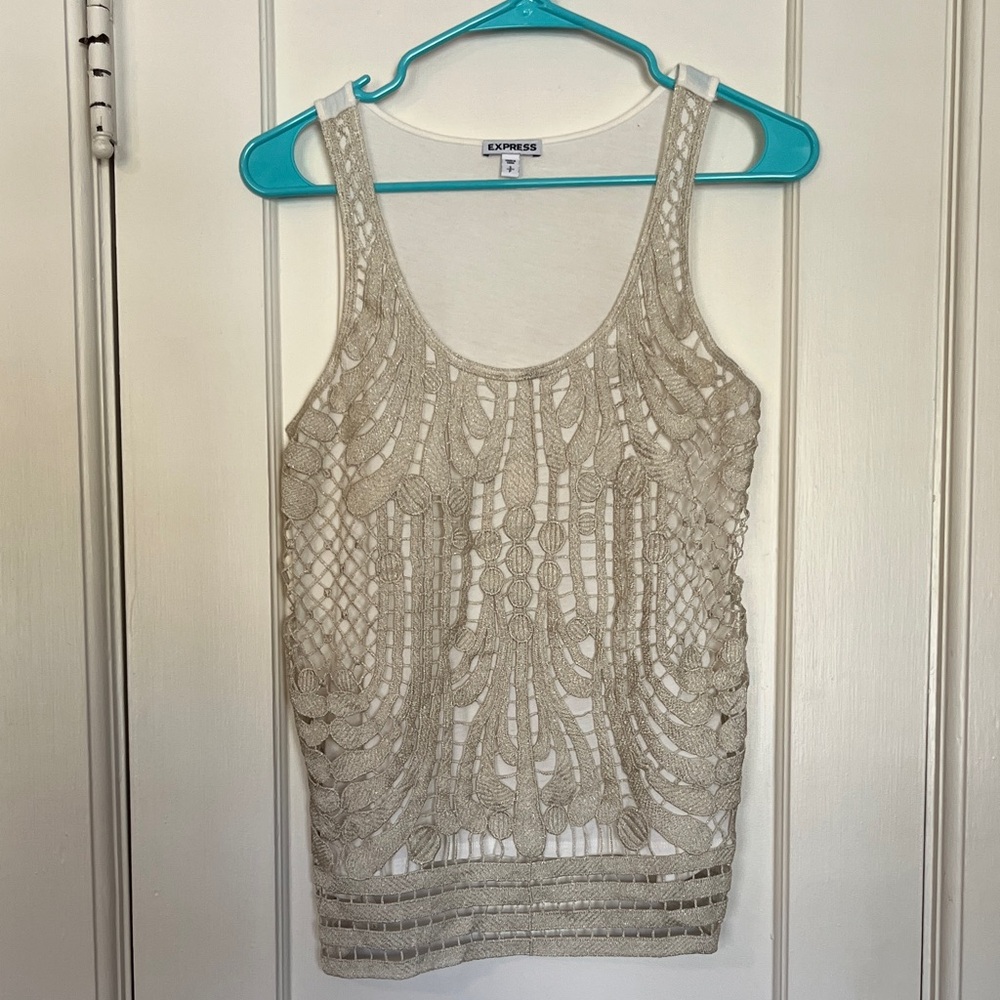 Express Beige/Gold Sparkle Crochet Tank Top